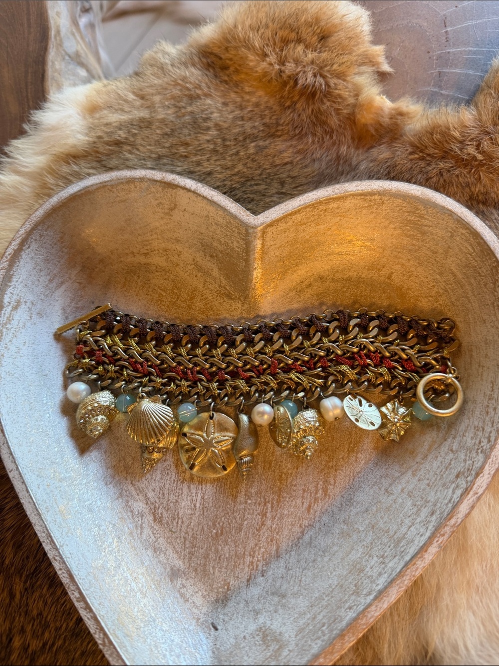 Ocean Charm Multi-Chain Bracelet in Gold and Brown - Unbranded